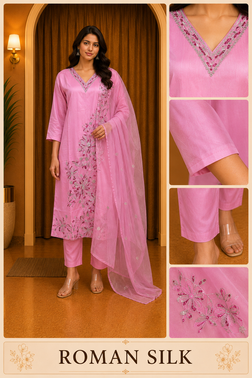 Baby Pink ROMAN SILK Embroidered Straight Kurti Set with Pant &amp; Dupatta