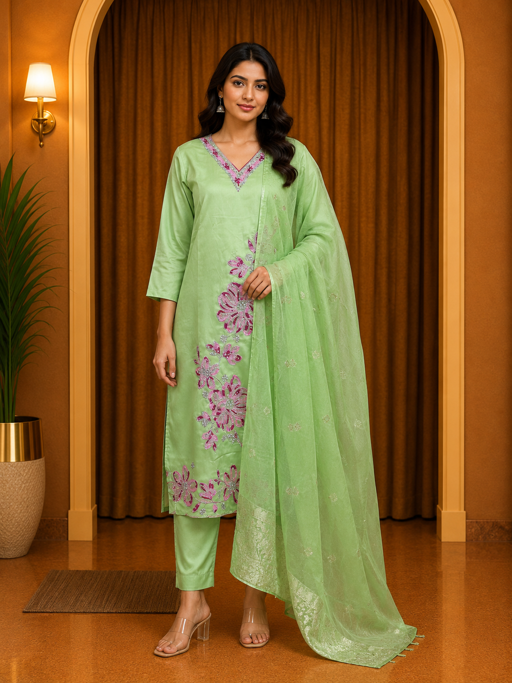 Light Green ROMAN SILK Embroidered Straight Kurti Pant &amp; Dupatta Set
