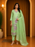 Light Green ROMAN SILK Embroidered Straight Kurti Pant &amp; Dupatta Set