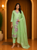 Light Green ROMAN SILK Embroidered Straight Kurti Pant &amp; Dupatta Set