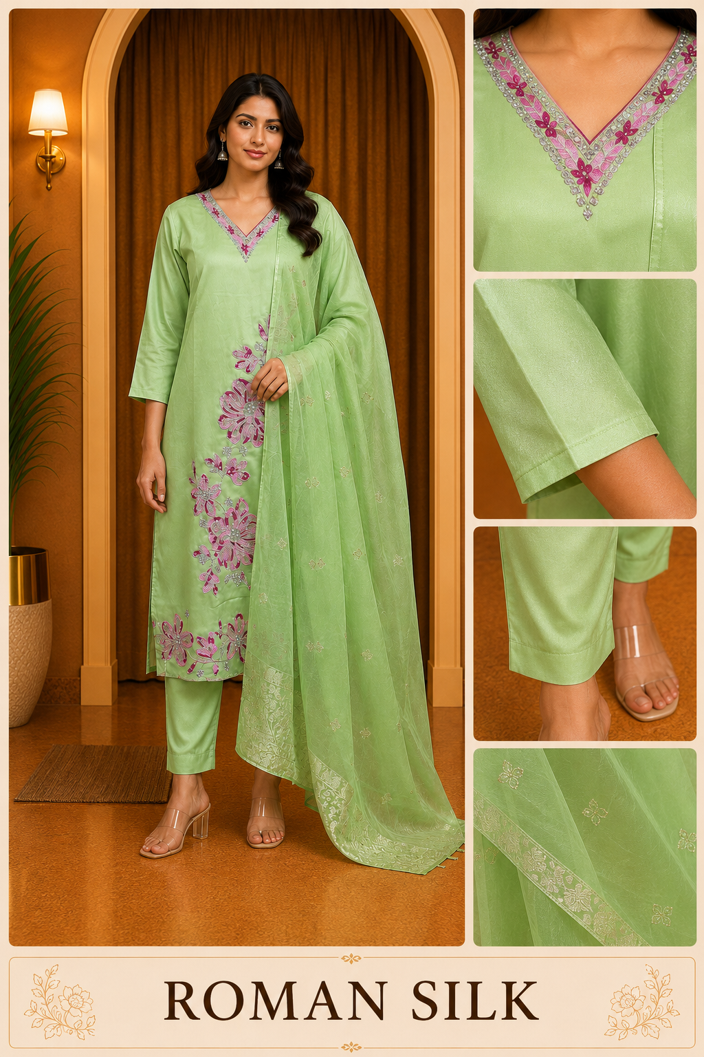 Light Green ROMAN SILK Embroidered Straight Kurti Pant &amp; Dupatta Set
