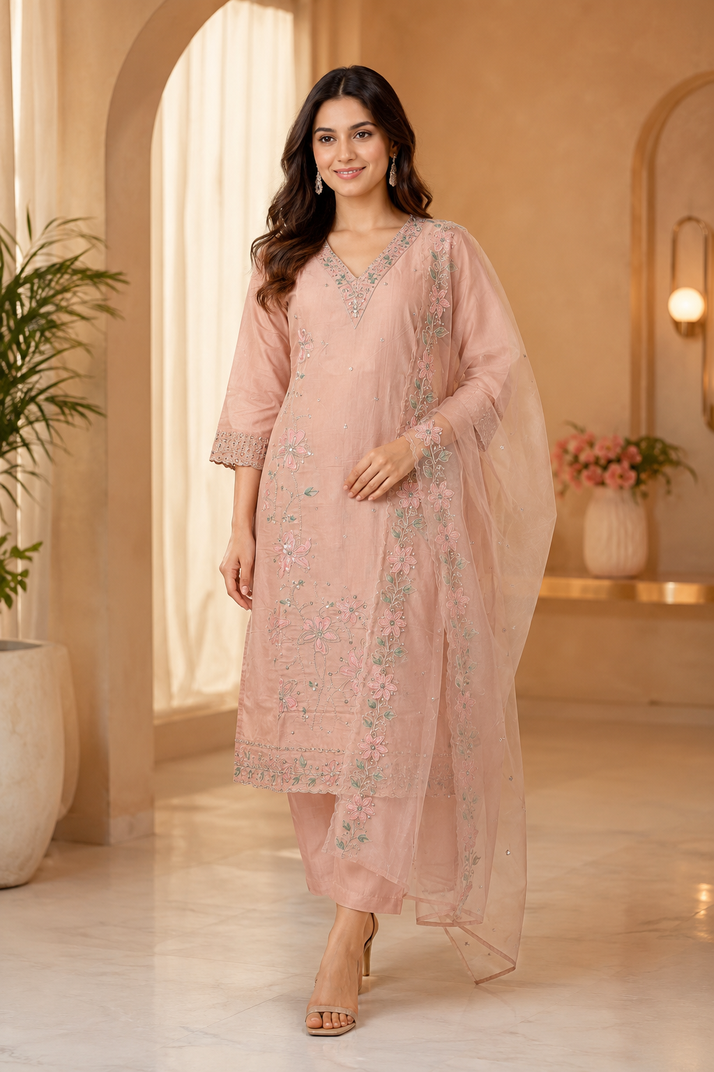 Blush Peach ROMAN SILK Embroidered 3-Piece Ethnic Suit Set with Dupatta