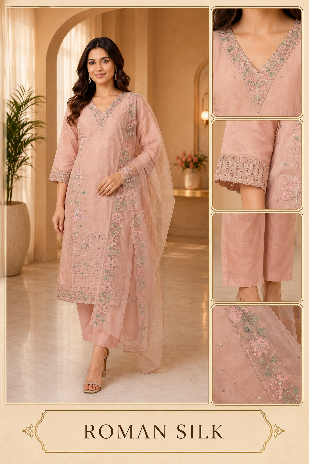 Blush Peach ROMAN SILK Embroidered 3-Piece Ethnic Suit Set with Dupatta
