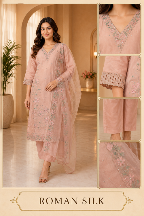 Blush Peach ROMAN SILK Embroidered 3-Piece Ethnic Suit Set with Dupatta