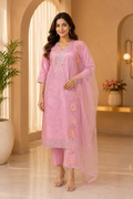 Pink ROMAN SILK Embroidered 3-Piece Ethnic Suit Set with Matching Dupatta