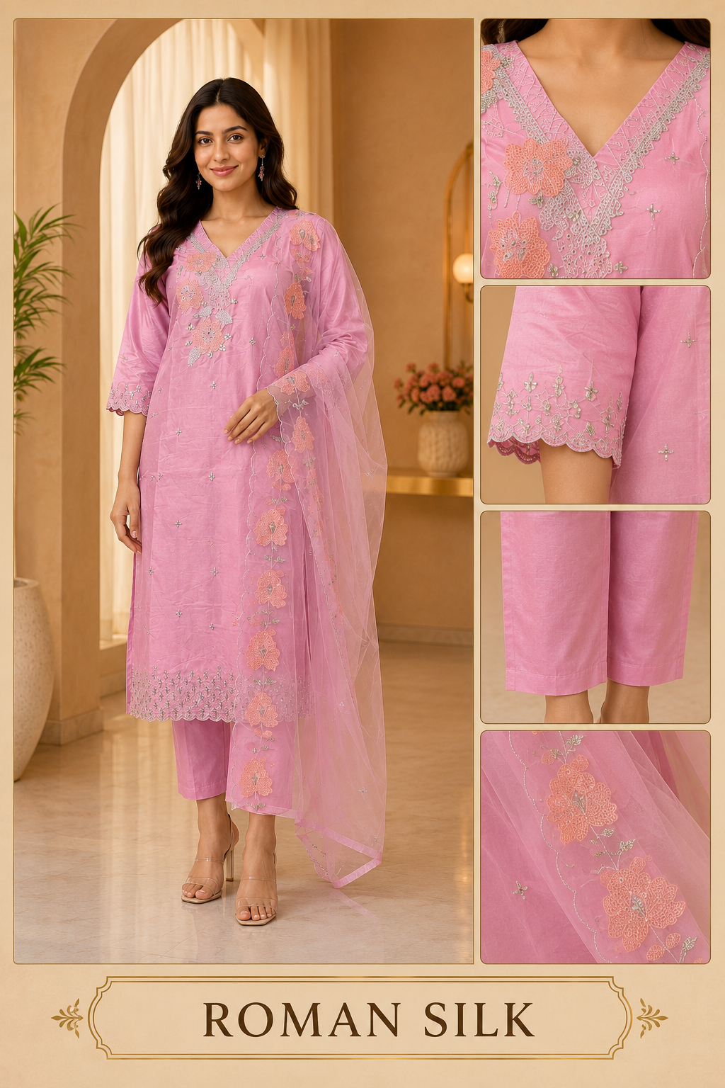 Pink ROMAN SILK Embroidered 3-Piece Ethnic Suit Set with Matching Dupatta