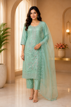 Mint Green ROMAN SILK Embroidered 3-Piece Ethnic Suit Set with Matching Dupatta