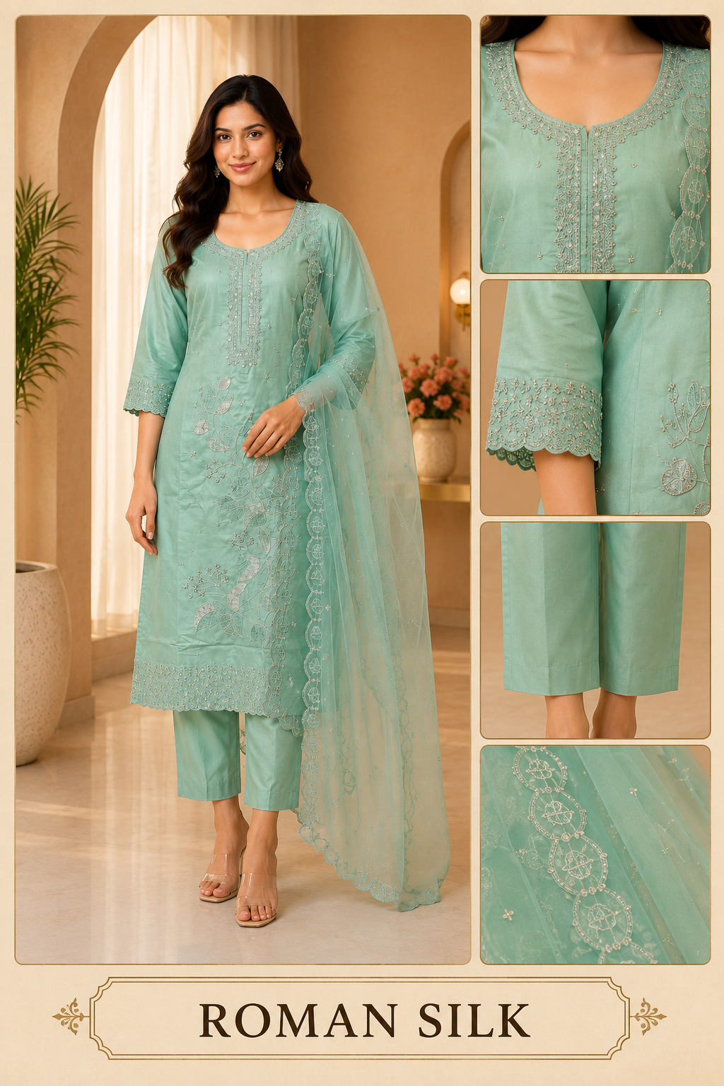 Mint Green ROMAN SILK Embroidered 3-Piece Ethnic Suit Set with Matching Dupatta