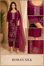 Wine Magenta ROMAN SILK Embroidered Straight Kurti Set with Pant &amp; Dupatta