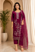 Wine Magenta ROMAN SILK Embroidered Straight Kurti Set with Pant &amp; Dupatta