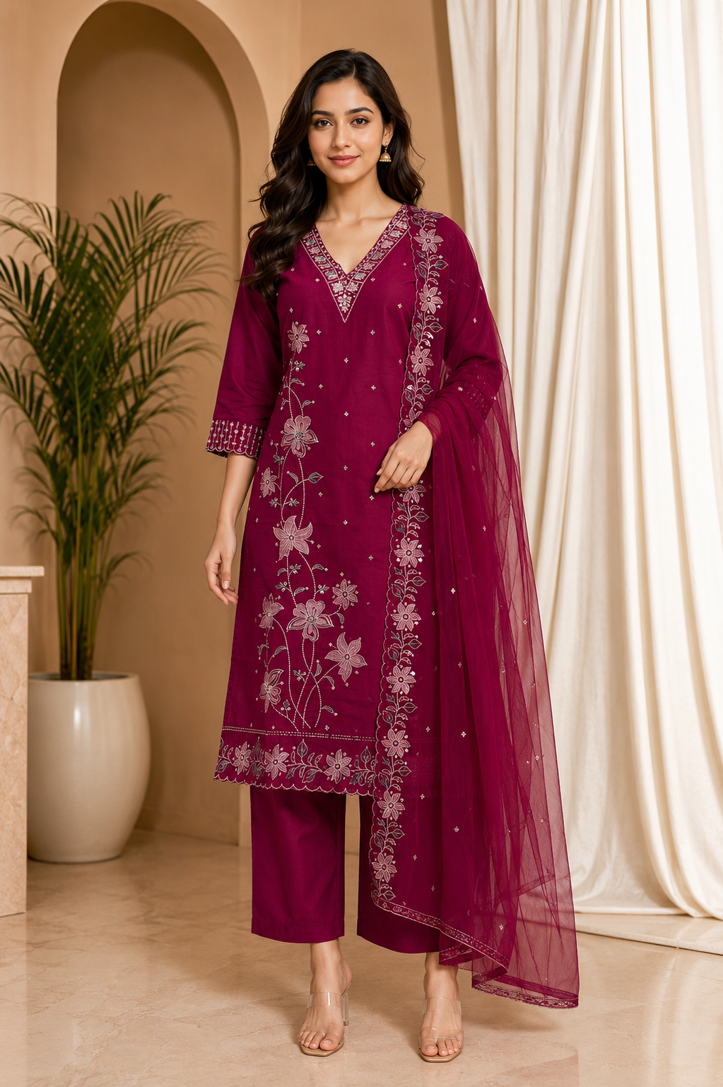 Wine ROMAN SILK Embroidered 3-Piece Ethnic Suit Set