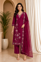 Wine ROMAN SILK Embroidered 3-Piece Ethnic Suit Set