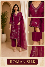 Wine ROMAN SILK Embroidered 3-Piece Ethnic Suit Set