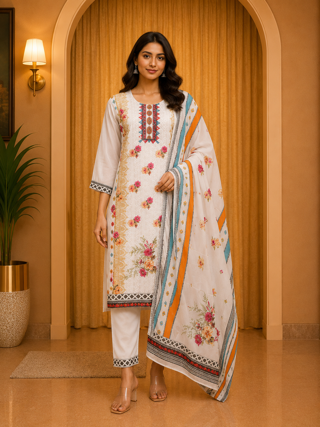 White GEORGETTE Printed Straight Kurti Set with Multicolour Dupatta