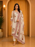 Cream GEORGETTE Floral Printed 3-Piece Ethnic Suit Set with Matching Dupatta