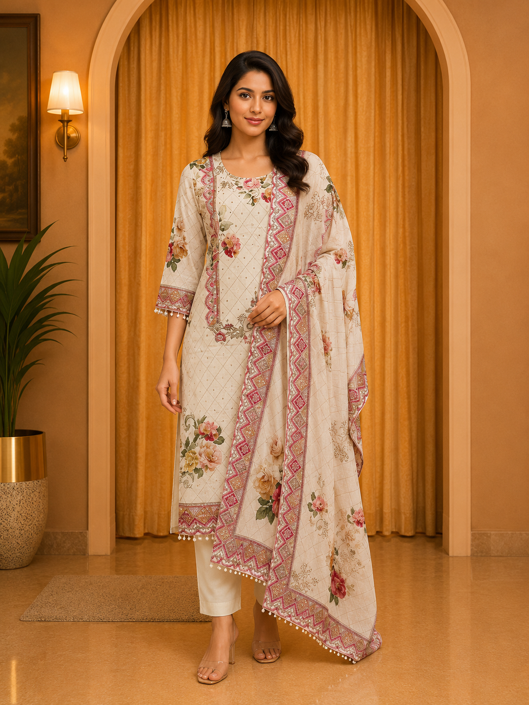 Cream GEORGETTE Floral Printed 3-Piece Ethnic Suit Set with Matching Dupatta