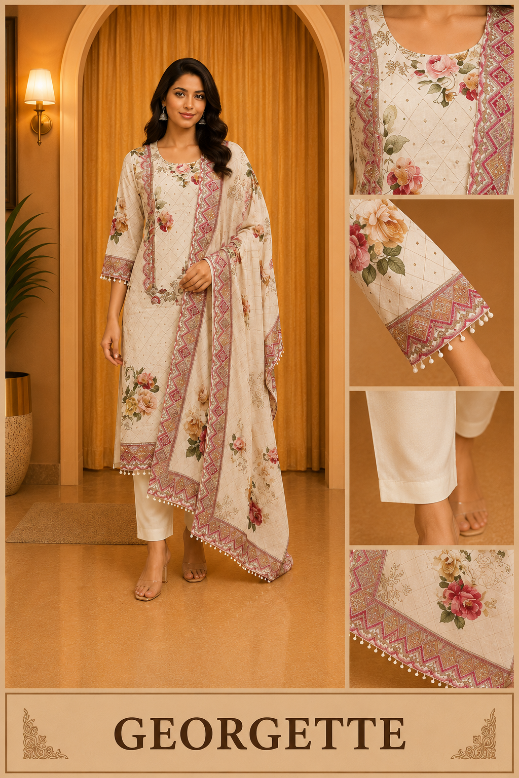 Cream GEORGETTE Floral Printed 3-Piece Ethnic Suit Set with Matching Dupatta