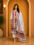 White GEORGETTE Printed Ethnic Suit Set with Matching Dupatta &amp; Pant