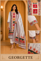 White GEORGETTE Printed Ethnic Suit Set with Matching Dupatta &amp; Pant