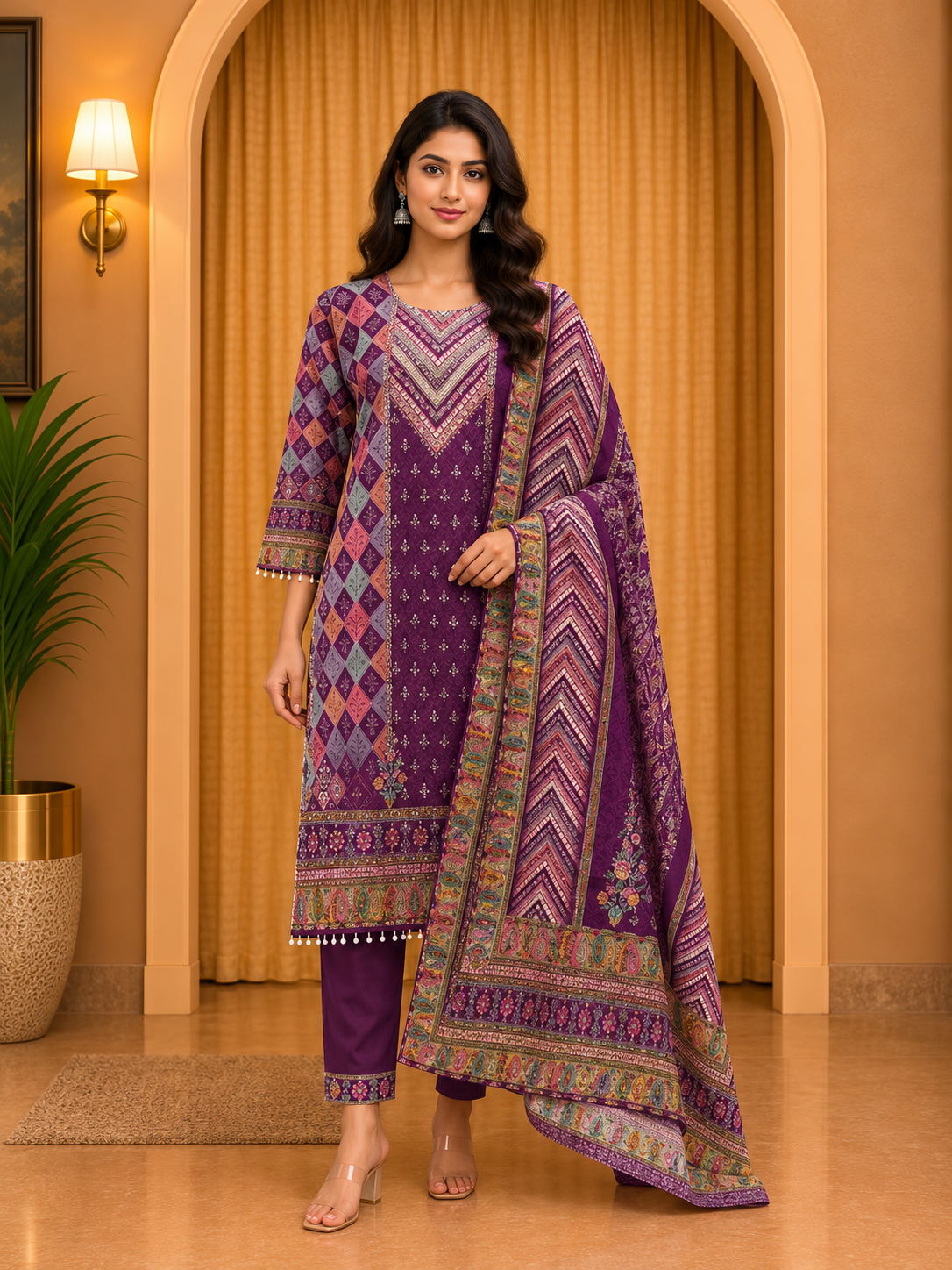 Deep Purple GEORGETTE Printed 3-Piece Ethnic Suit Set with Matching Dupatta