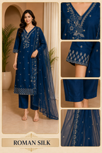Navy Blue ROMAN SILK Embroidered 3-Piece Ethnic Suit Set with Dupatta