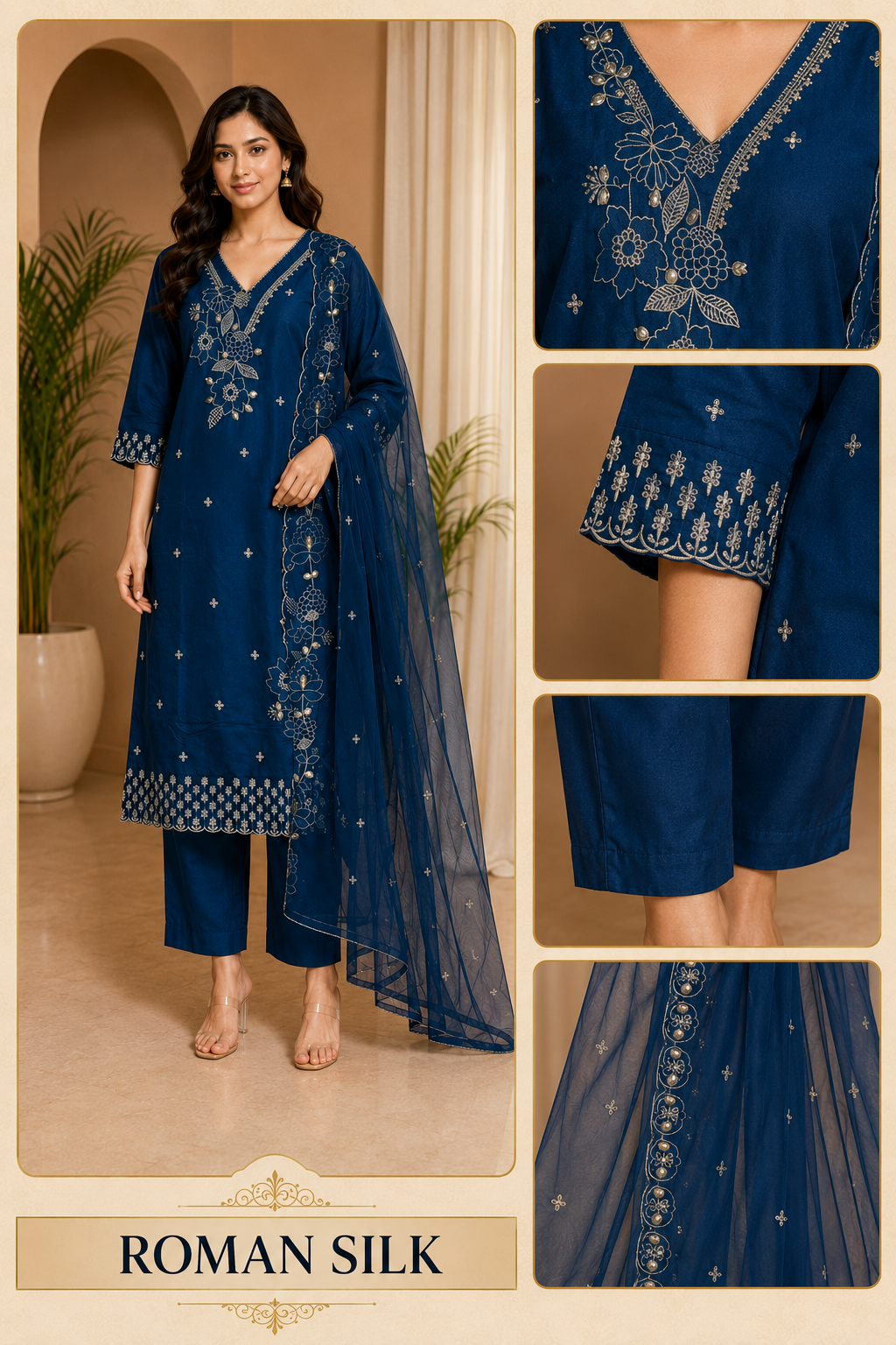 Navy Blue ROMAN SILK Embroidered 3-Piece Ethnic Suit Set with Dupatta