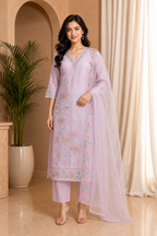 Light Lavender ROMAN SILK Embroidered 3-Piece Ethnic Suit Set with Dupatta