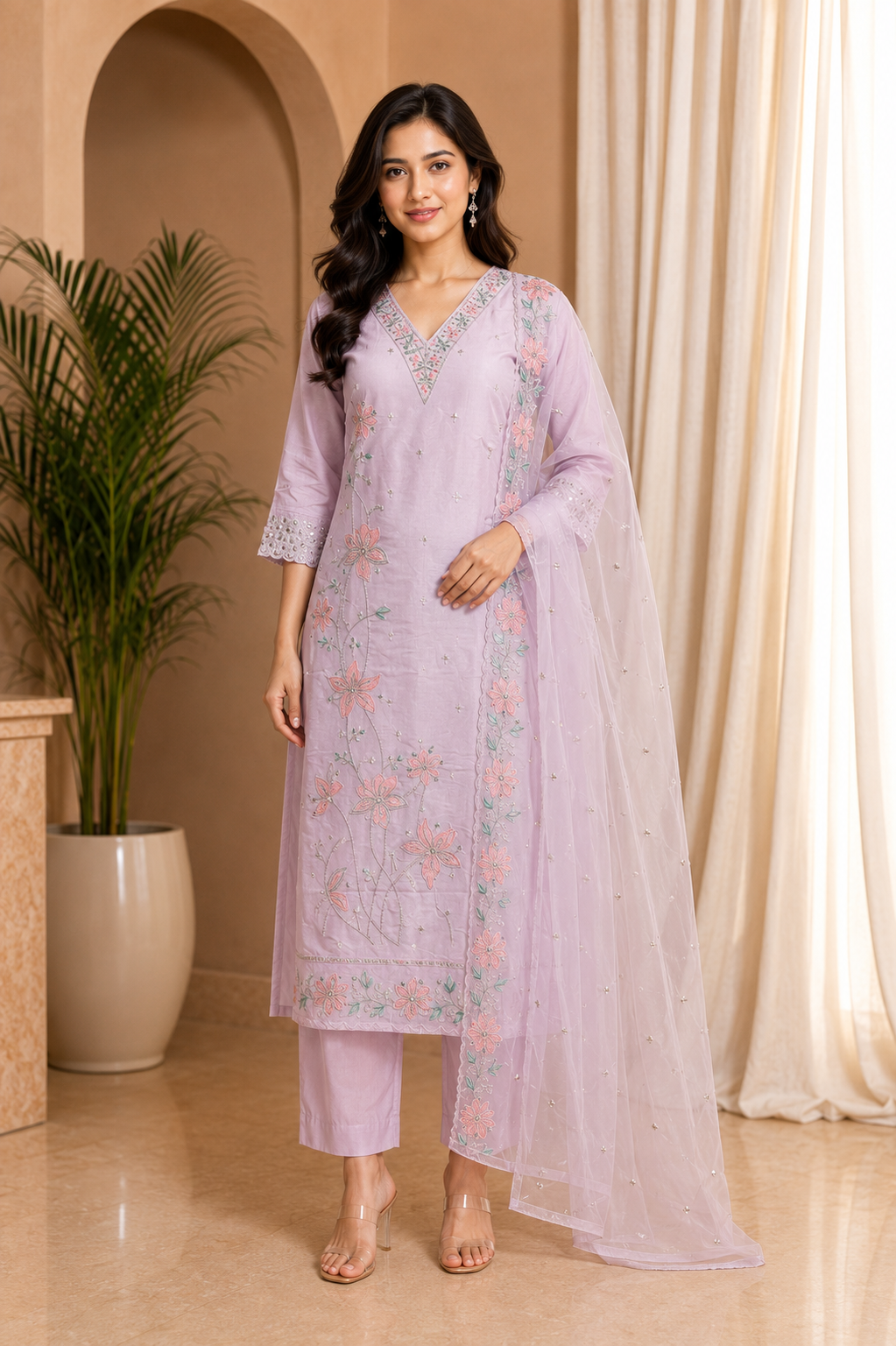 Light Lavender ROMAN SILK Embroidered 3-Piece Ethnic Suit Set with Dupatta