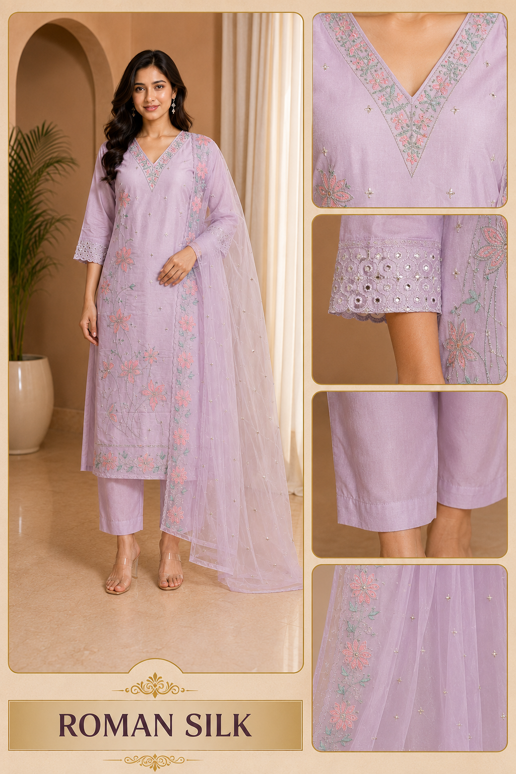 Light Lavender ROMAN SILK Embroidered 3-Piece Ethnic Suit Set with Dupatta