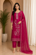 Fuchsia Pink ROMAN SILK Embroidered 3-Piece Ethnic Suit Set with Dupatta