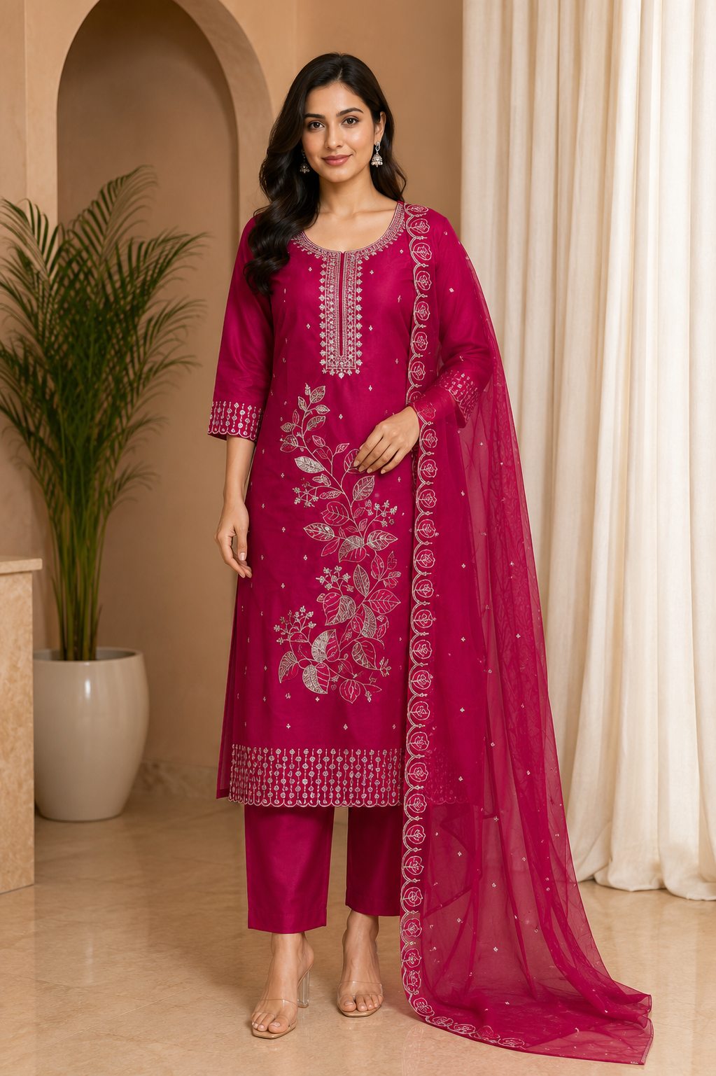 Fuchsia Pink ROMAN SILK Embroidered 3-Piece Ethnic Suit Set with Dupatta