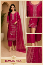 Fuchsia Pink ROMAN SILK Embroidered 3-Piece Ethnic Suit Set with Dupatta