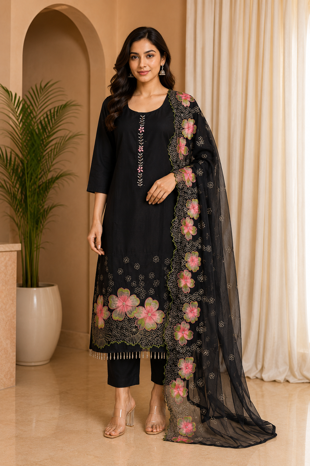 Black ROMAN SILK Embroidered 3-Piece Ethnic Suit Set with Floral Dupatta