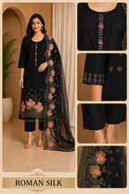 Black ROMAN SILK Embroidered 3-Piece Ethnic Suit Set with Floral Dupatta