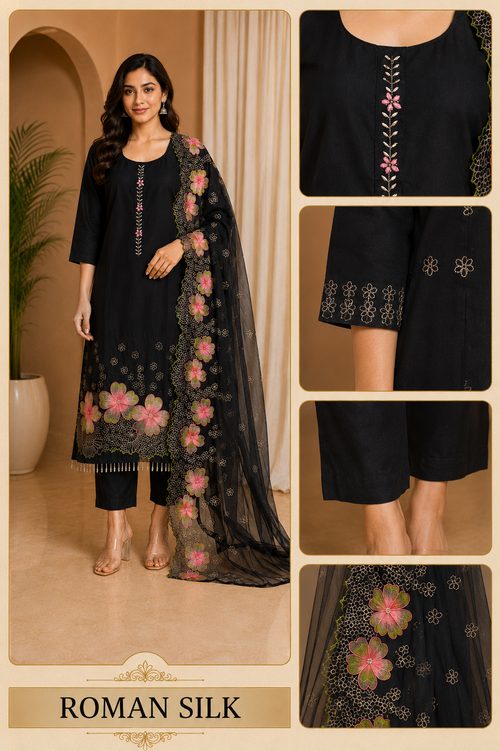 Black ROMAN SILK Embroidered 3-Piece Ethnic Suit Set with Floral Dupatta
