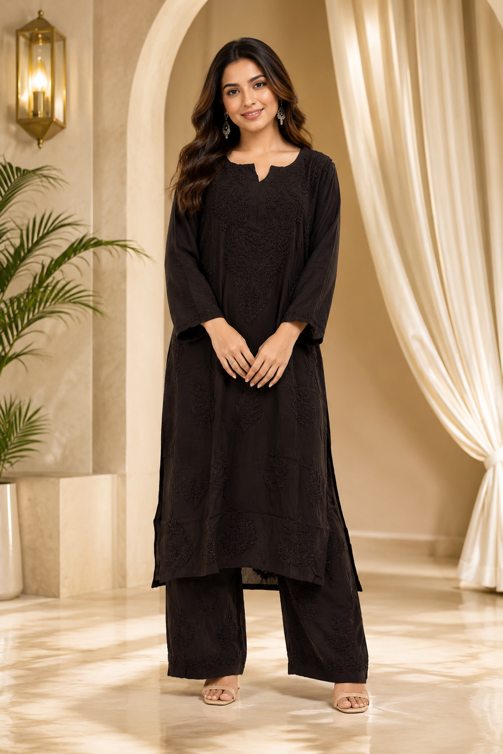 Dark Brown GEORGETTE Lakhnavi Work Straight Kurti Pant Set