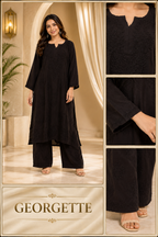 Dark Brown GEORGETTE Lakhnavi Work Straight Kurti Pant Set