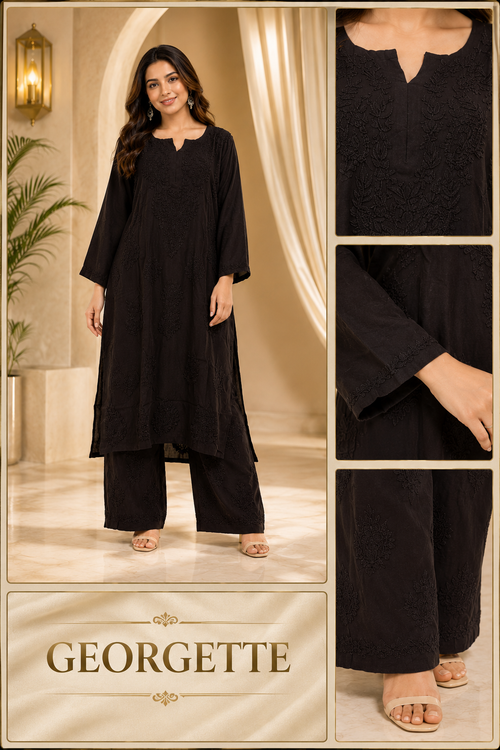 Dark Brown GEORGETTE Lakhnavi Work Straight Kurti Pant Set