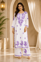White & Purple GEORGETTE Lakhnavi Work Straight Kurti Pant Set