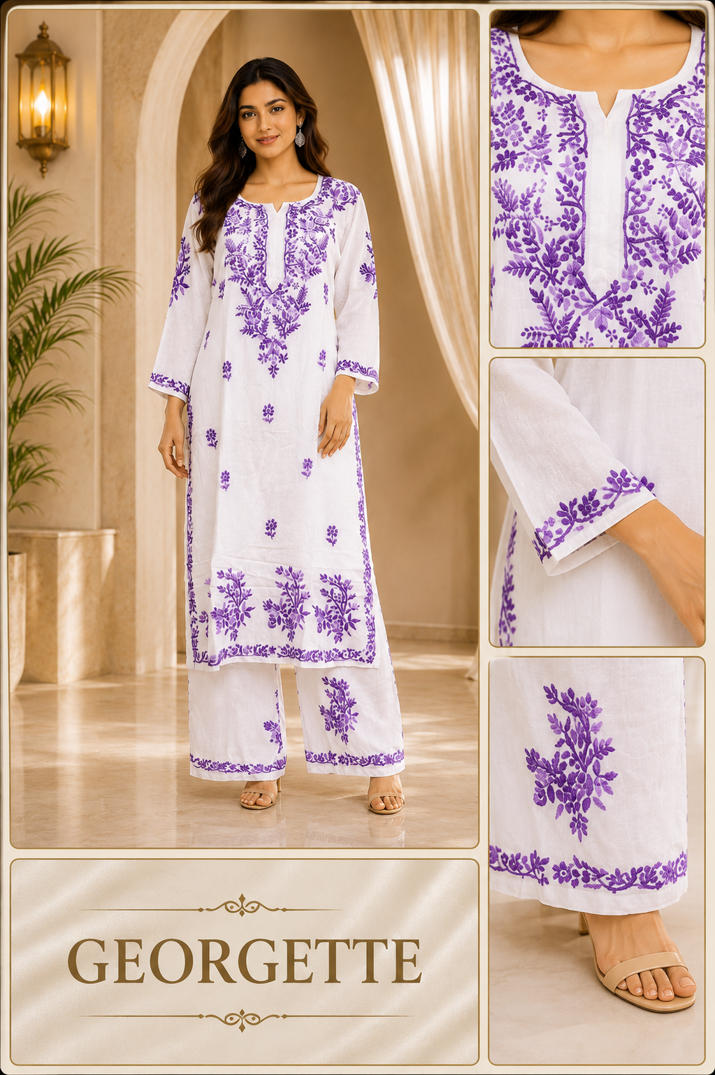 White & Purple GEORGETTE Lakhnavi Work Straight Kurti Pant Set
