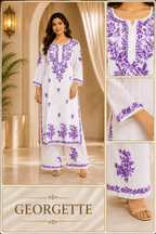 White & Purple GEORGETTE Lakhnavi Work Straight Kurti Pant Set
