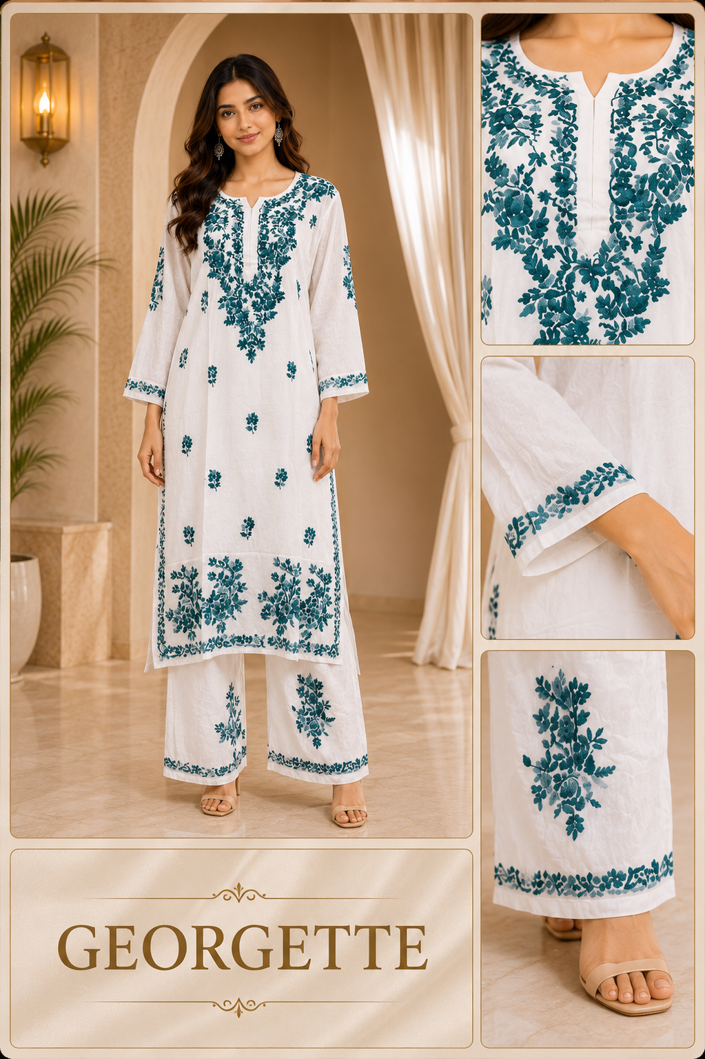 White & Teal GEORGETTE Lakhnavi Work Straight Kurti Pant Set