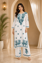 White & Teal GEORGETTE Lakhnavi Work Straight Kurti Pant Set