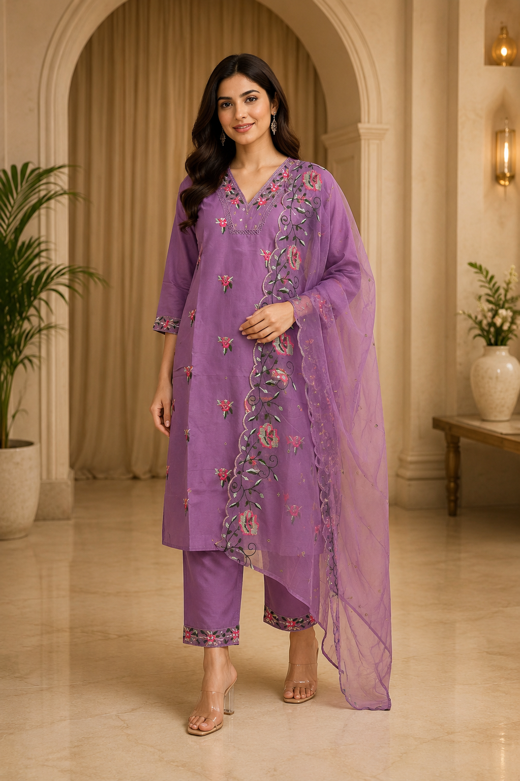 Purple ROMAN GLASS Embroidered 3-Piece Ethnic Suit Set with Dupatta