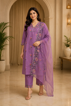 Purple ROMAN GLASS Embroidered 3-Piece Ethnic Suit Set with Dupatta