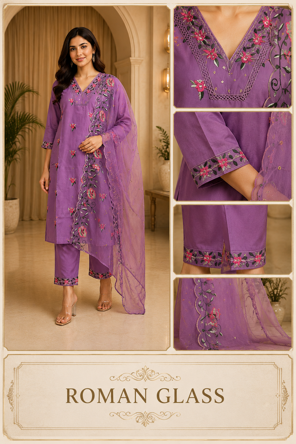 Purple ROMAN GLASS Embroidered 3-Piece Ethnic Suit Set with Dupatta