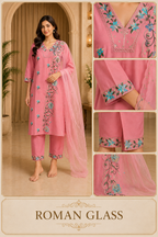 Pink ROMAN GLASS Embroidered 3-Piece Ethnic Suit Set with Dupatta