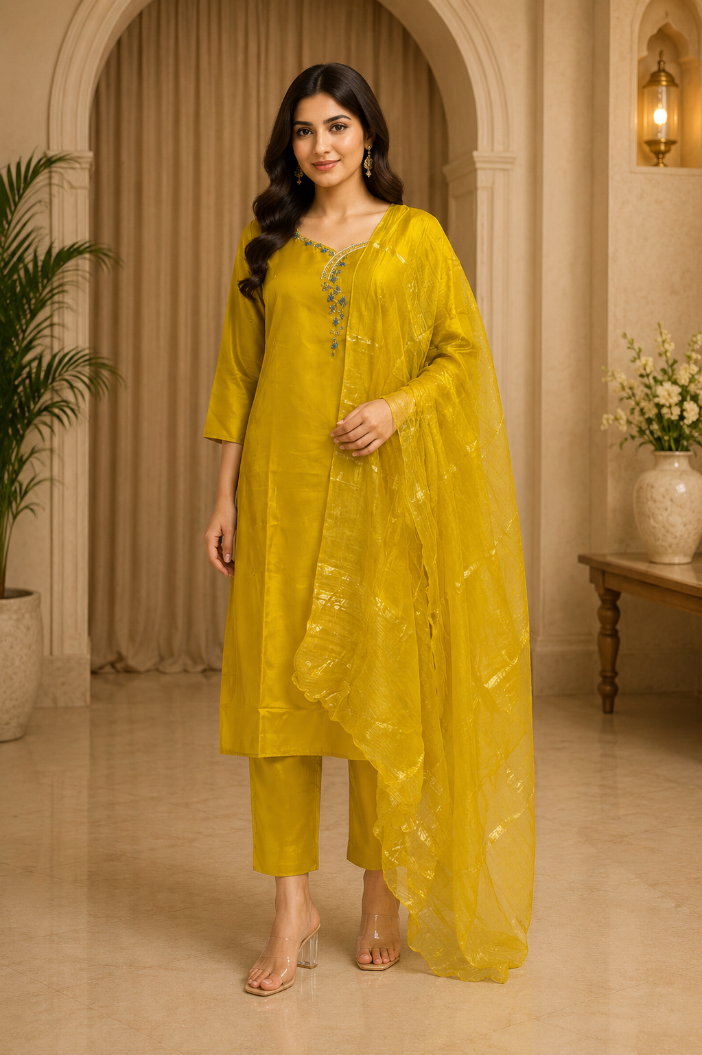 Mustard Yellow ROMAN GLASS 3-Piece Ethnic Suit Set with Dupatta
