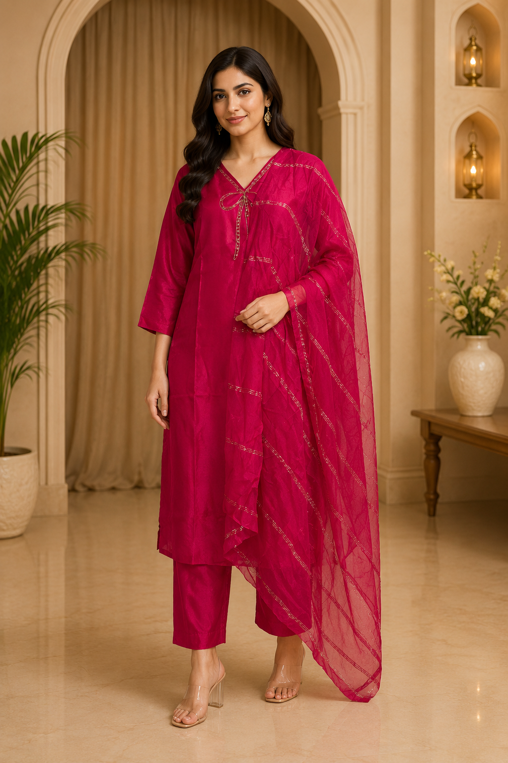 Deep Magenta ROMAN GLASS 3-Piece Ethnic Suit Set with Dupatta