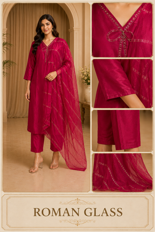 Deep Magenta ROMAN GLASS 3-Piece Ethnic Suit Set with Dupatta